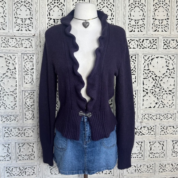 Valerie Bertinelli Wool Angora Purple Eggplant Ruffle Y2K Soft Cardigan Sz M - Picture 1 of 8